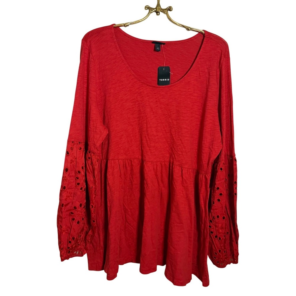 Torrid Red Slub Knit Eyelet Sleeve Peplum Top Size 2 2X NWT Scoop Neck Boho